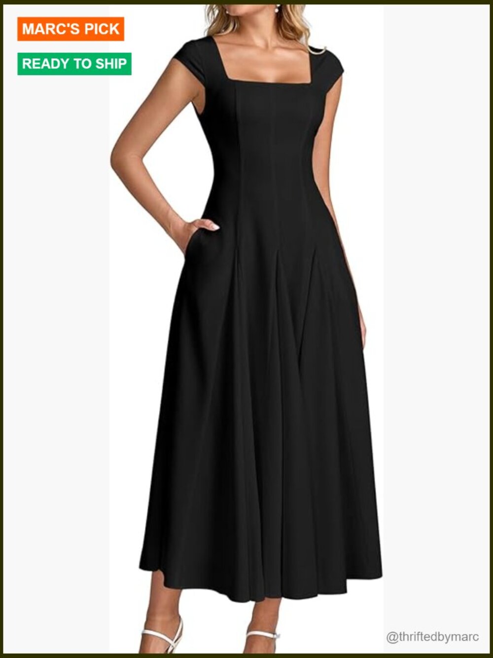 Corset Midi Dress Square Neck A-Line Flowy Wedding Guest Dress with Pockets